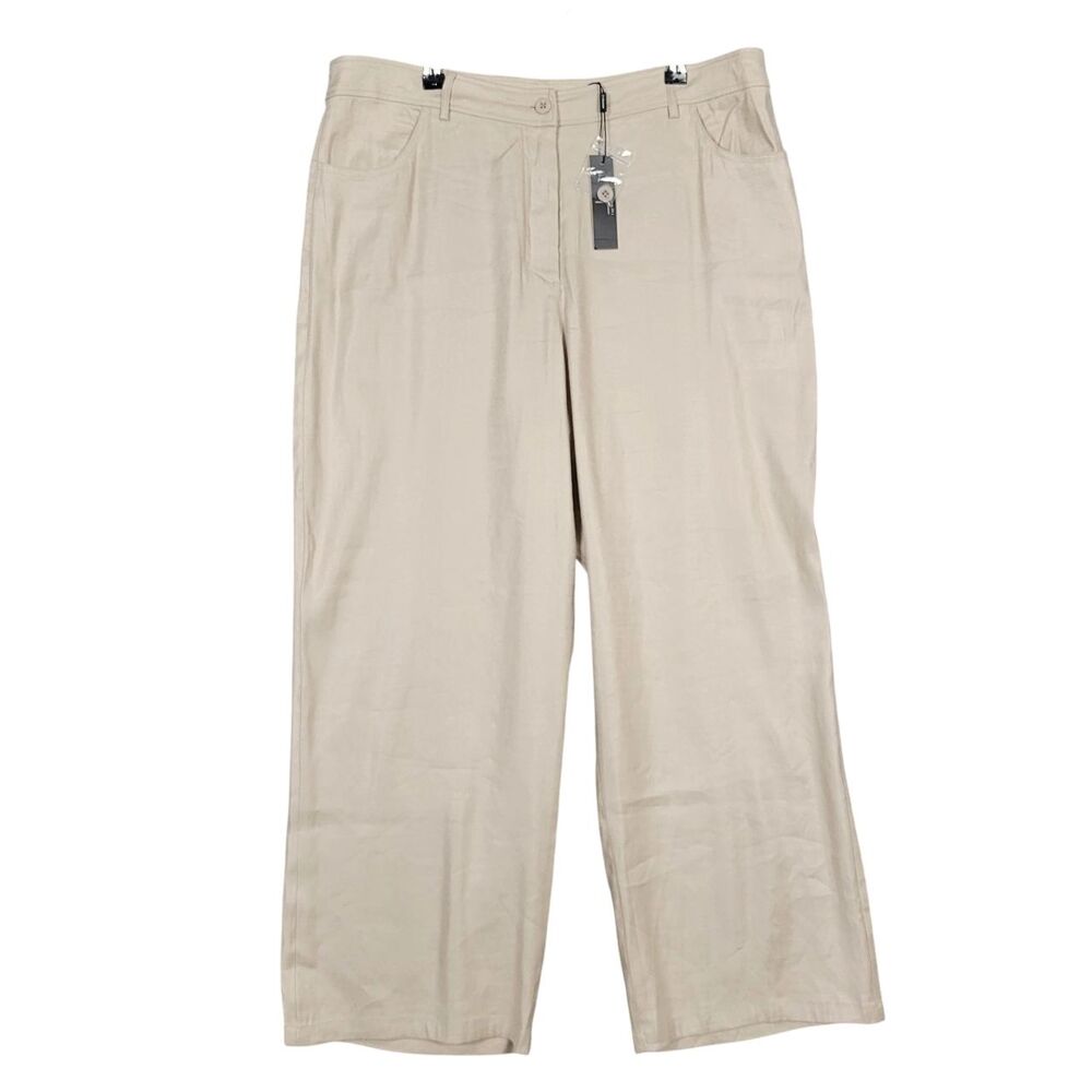 NWT TAHARI Beige Linen Blend High Rise Cropped Straight Leg Pants Office SIZE 16